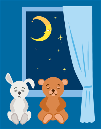 Teddy bear and plush bunny to sleep in the starry nightのイラスト素材