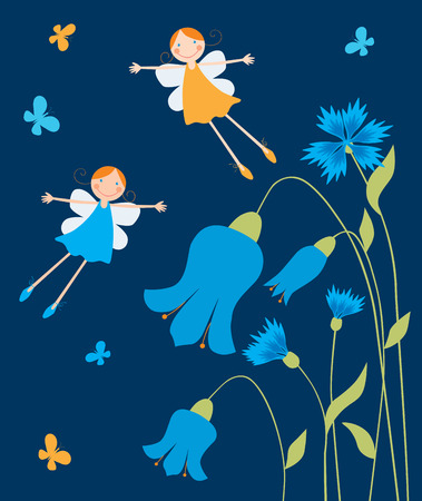 Cheerful elves girls flying over flowersのイラスト素材