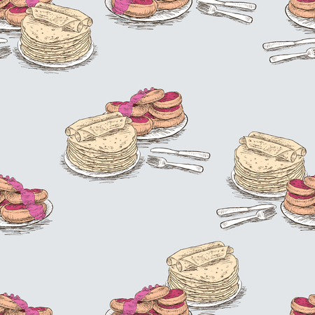 Vector background of sketches of pancakes and cheesecakesのイラスト素材