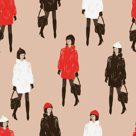 Seamless pattern of fashionable women in the fur coatsのイラスト素材