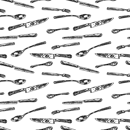 Seamless pattern of drawn cutleryのイラスト素材