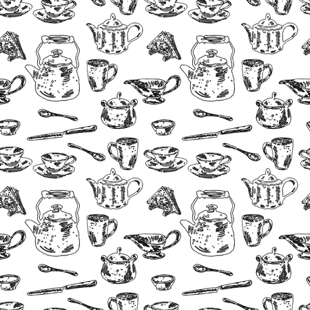 Seamless background of tableware for tea drinkingのイラスト素材