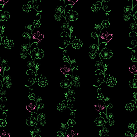 Pattern of outlines of decorative flowers and birdsのイラスト素材