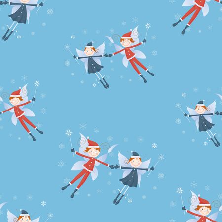 Seamless pattern of flying couples of cheerful christmas elvesのイラスト素材