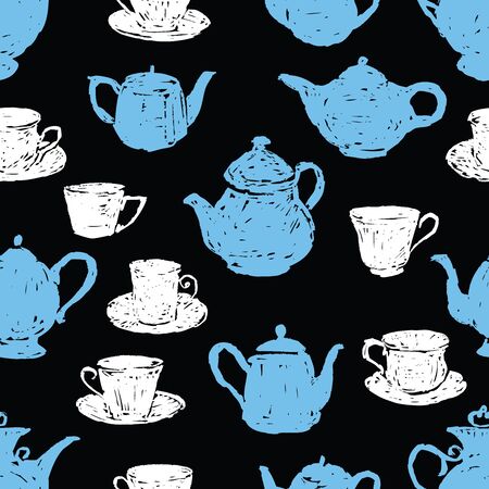 Seamless pattern of sketches tea cups and teapotsのイラスト素材