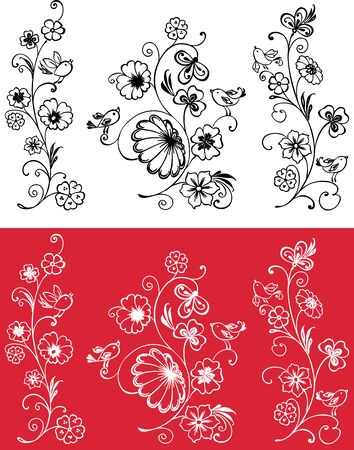 Vector image of decorative blooming twigs with flowers and birdsのイラスト素材