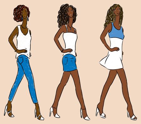 Vector image of walking young women in denim summer clothingのイラスト素材