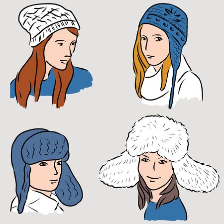 Vector illustration of female heads in various hats for cold weatherのイラスト素材