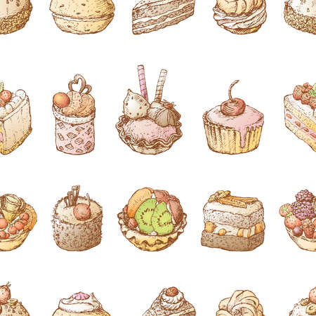 Seamless background of sketches various brownies with fruit and chocolateのイラスト素材