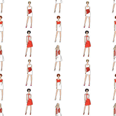 Seamless pattern of young slim women in summer dressesのイラスト素材