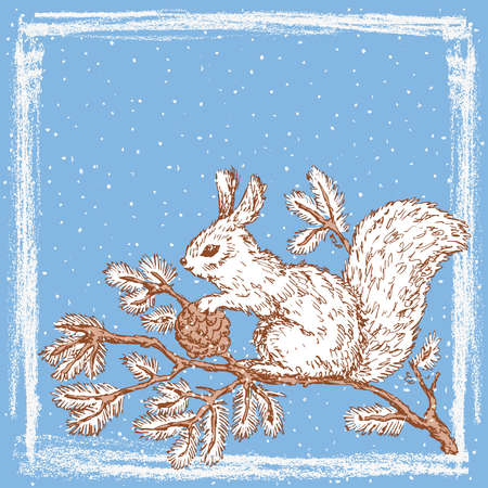 Vector card with textured frozen frame and drawn squirrel with fir cone sitting on spruce branchのイラスト素材