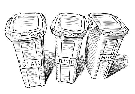 Sketch of trash cans with sorting on paper, plastic and glassのイラスト素材