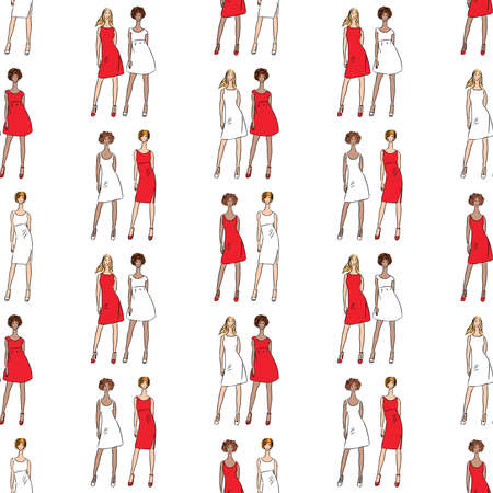 Seamless background of sketches fashionable young women in red and white dressesのイラスト素材