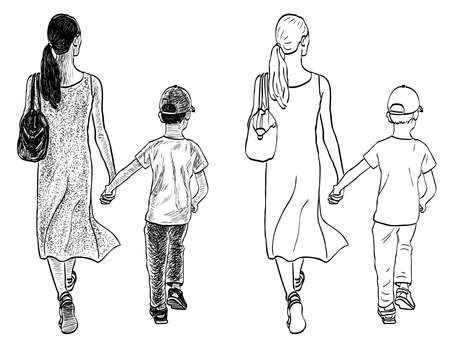 Vector drawing of yong woman and her child walking along streetのイラスト素材