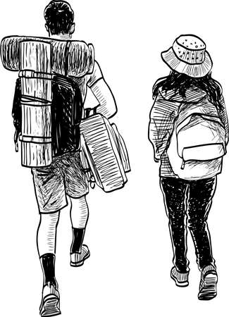 Freehand drawing of couple young tourist going in trip togetherのイラスト素材