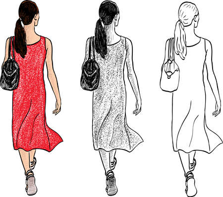 Vector drawing of young city woman walking along street on summer dayのイラスト素材