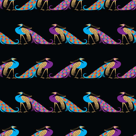 Seamless background of walking colorful cartoon peacocksのイラスト素材