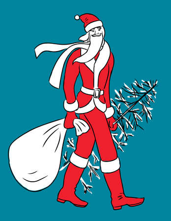 illustration of Santa Claus with gifts bag and christmas treeのイラスト素材
