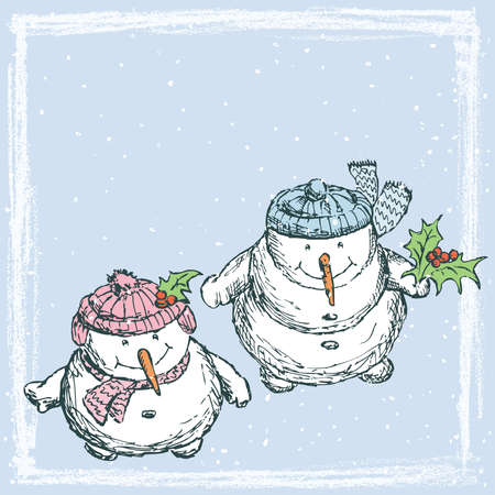 illustration with funny snowmen looking at snowfall in Christmasのイラスト素材