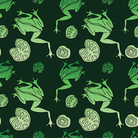 Seamless pattern of drawn green frogs and leavesのイラスト素材