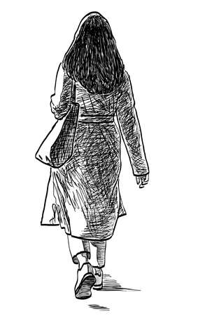Freehand drawing of casual young city woman walking along streetのイラスト素材