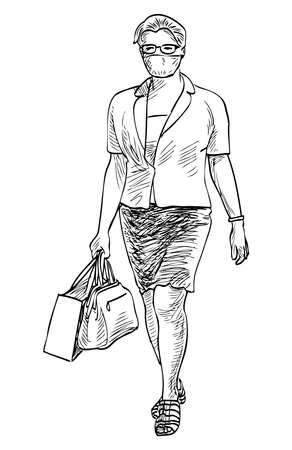 Sketch of townswoman in mask walking down streetのイラスト素材