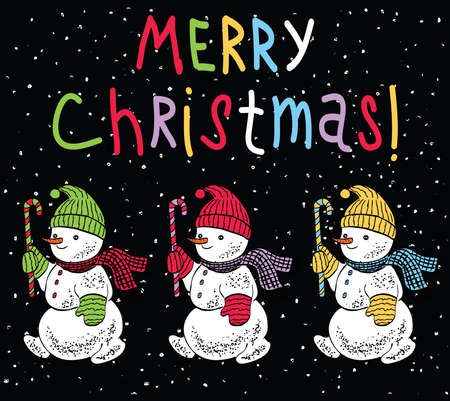 Vector christmas greeting card with cheerful small snowmen walking togetherのイラスト素材
