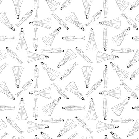 Seamless vector background of outlines happy young newlywedsのイラスト素材