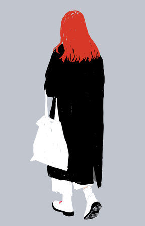 Vector drawing of casual redheaded modern city girl walking along streetのイラスト素材