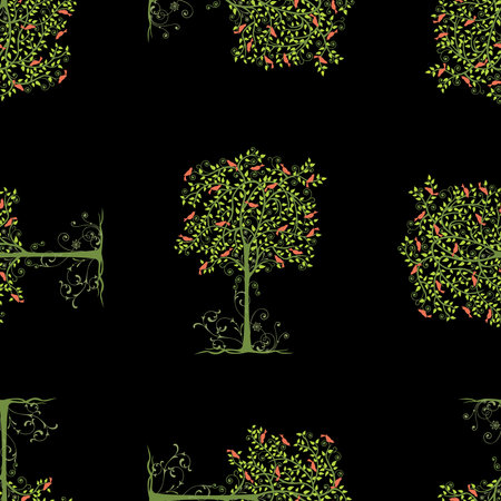 Seamless pattern of decorative spring trees with singing birdsのイラスト素材