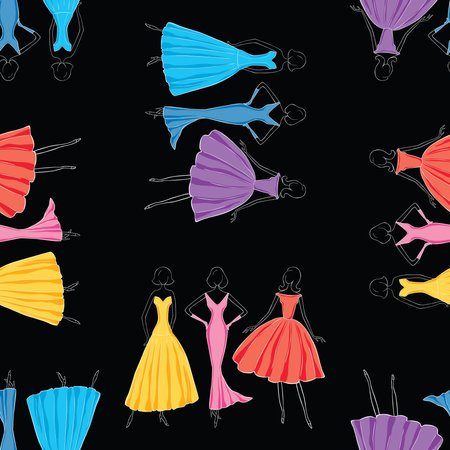 Seamless pattern of silhouettes elegant women in evening dressesのイラスト素材