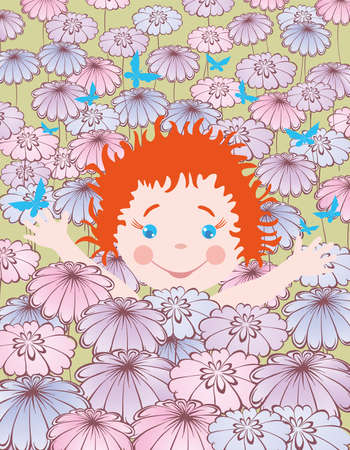 Vector illustration of little cheerful child on chamomile meadow with flying butterfliesのイラスト素材