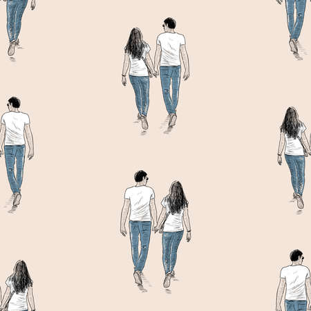 Seamless pattern of sketches couples young people walking outdoorsのイラスト素材