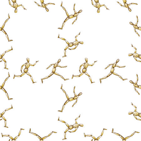 Seamless background of sketches wooden running human mannequinsのイラスト素材