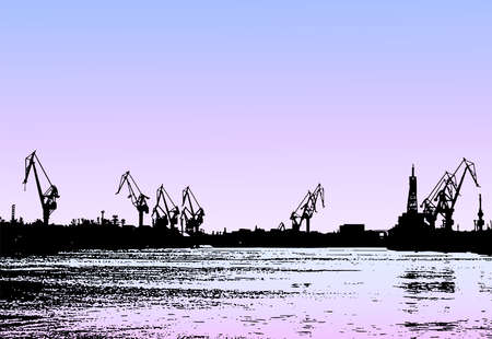 Vector drawing of evening seascape with silhouette industrial portのイラスト素材