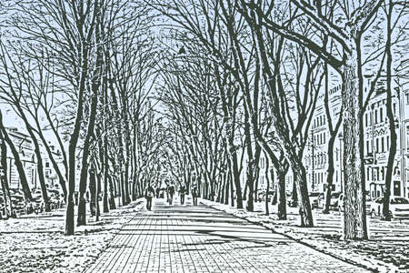Vector illustration of cityscape with walkway perspective in trees alley on spring dayのイラスト素材