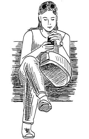 Sketch of young student girl sitting on park bench with smartphoneのイラスト素材