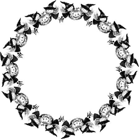 Decorative round frame from sketches flying Halloween elves witches with pumpkinsのイラスト素材