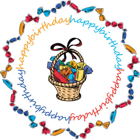 Sketch of gift basket with various chocolate sweets in round frame from drawn colorful candiesのイラスト素材