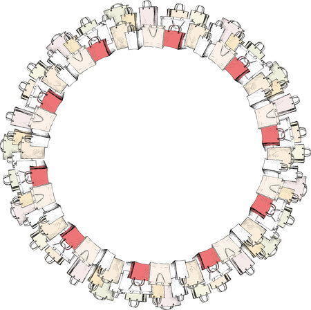 Vector image of round border from sketches various shopping bagsのイラスト素材