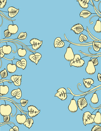 Vector image of drawn yellow branches fruit trees on blue backgroundのイラスト素材