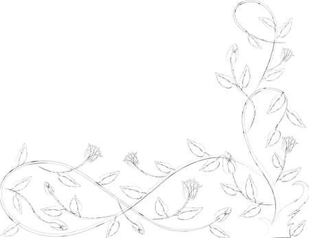 Outline vector drawing of floral corner in shape decorative flexible branch with leaves and flowersのイラスト素材