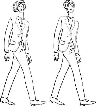Vector contour drawings of young striding men in classical business costumesのイラスト素材