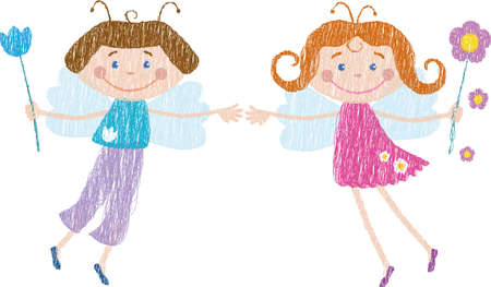 Vector doodle drawings of two flying cheerful cartoon elvesのイラスト素材