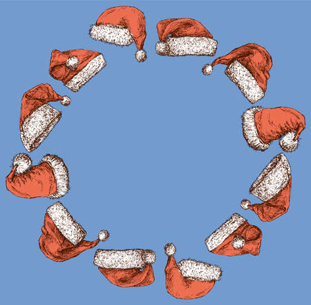 Decorative round christmas frame from sketches Santa Claus hatsのイラスト素材