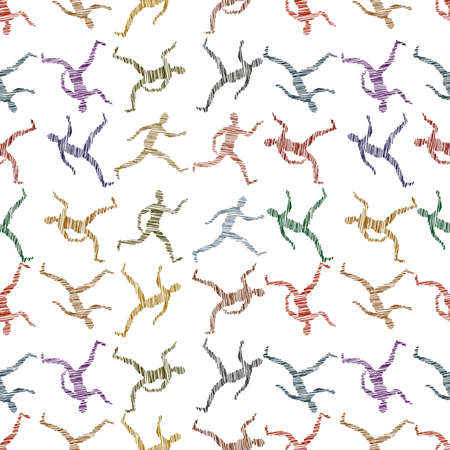 Seamless vector background of scribble drawings silhouettes abstract multicolored running human...