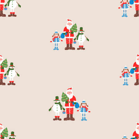 Seamless pattern of drawn cartoon cheerful Santa Claus with christmas tree, snow maiden and snowmanのイラスト素材