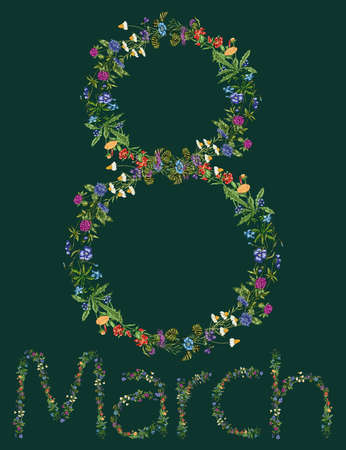 Vector floral greeting card with text 8 March from various drawn wildflowers