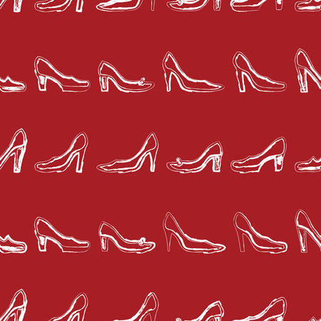 Seamless pattern of contour textured drawings of various abstract female shoes in rowsのイラスト素材