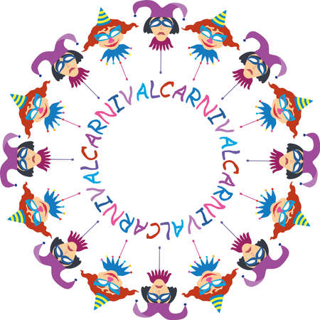 Decorative round frame from glad and sad carnival masksのイラスト素材